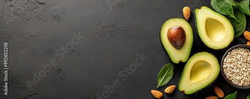 Fresh avocado halves alongside almonds and seeds on a dark background, perfect for healthy eating themes and culinary projects. photo