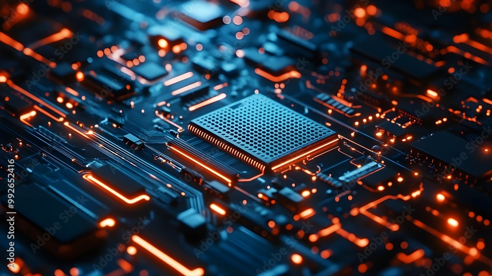 Obraz premium Close-Up of Intricate AI Computer Chips with Glow.