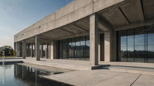 Modern Concrete Gray Building Structure with Open View. Minimalistic Urban Architecture City