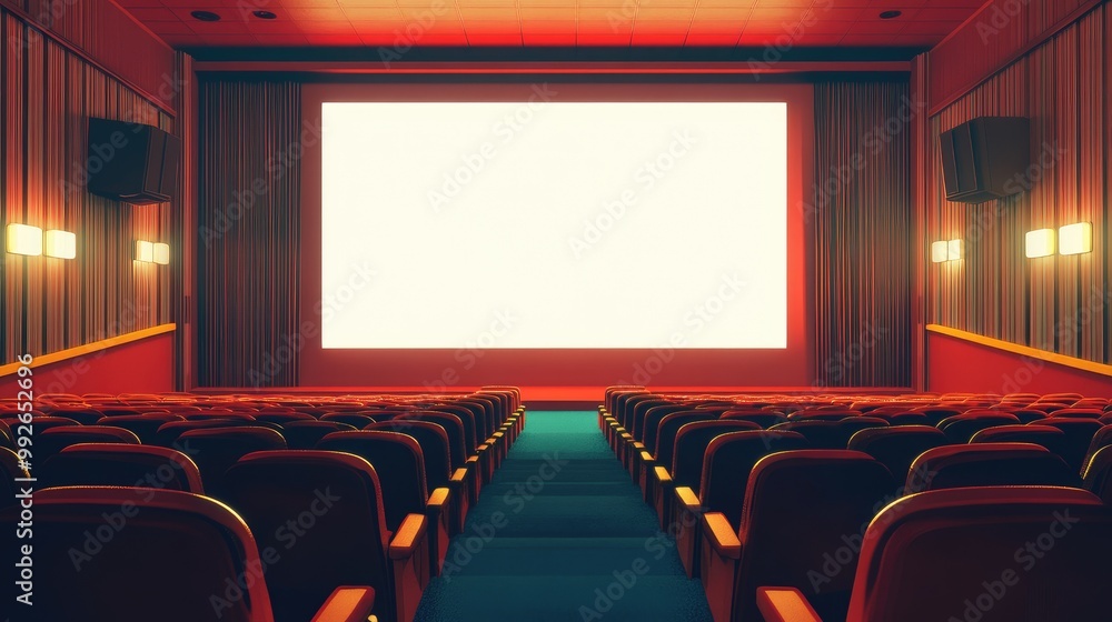 Obraz premium AI illustration of a movie theater with retro-style seats and a blank white screen. No people, no logos.