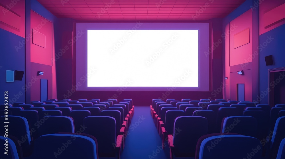 AI illustration of a movie theater with stadium seating and a white screen. No people, no logos. AI illustration of a movie theater with stadium seating and a white screen. No people, no logos.