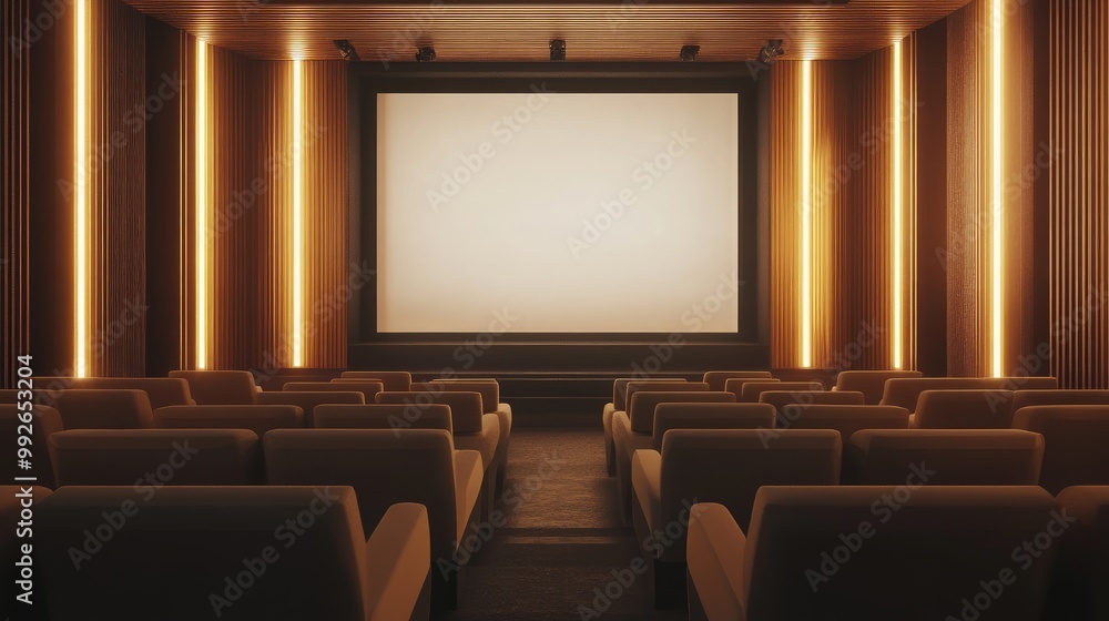 AI-generated cinema with wooden walls, beige seats, and a blank white screen. No people, no logos. AI-generated cinema with wooden walls, beige seats, and a blank white screen. No people, no logos.