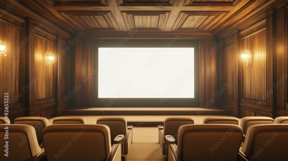 AI-generated cinema with wooden walls, beige seats, and a blank white screen. No people, no logos. AI-generated cinema with wooden walls, beige seats, and a blank white screen. No people, no logos.