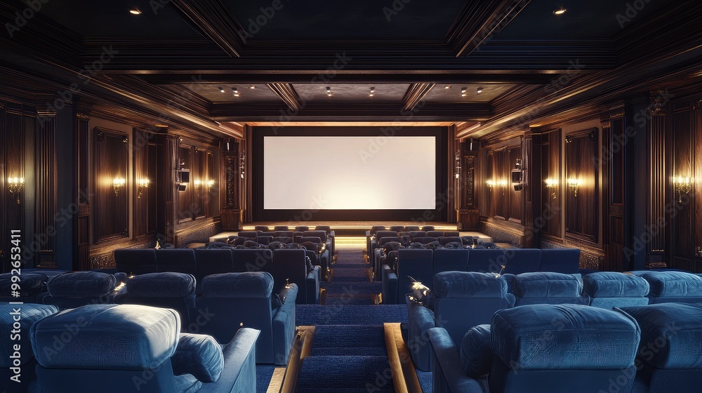 AI-generated illustration of a luxury theater with plush velvet seats and a large white screen. No people, no logos. AI-generated illustration of a luxury theater with plush velvet seats and a large white screen. No people, no logos.