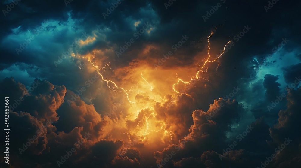 Obraz premium strong and vivid lightning bolts cutting through stormy clouds on a dark, thunderous night