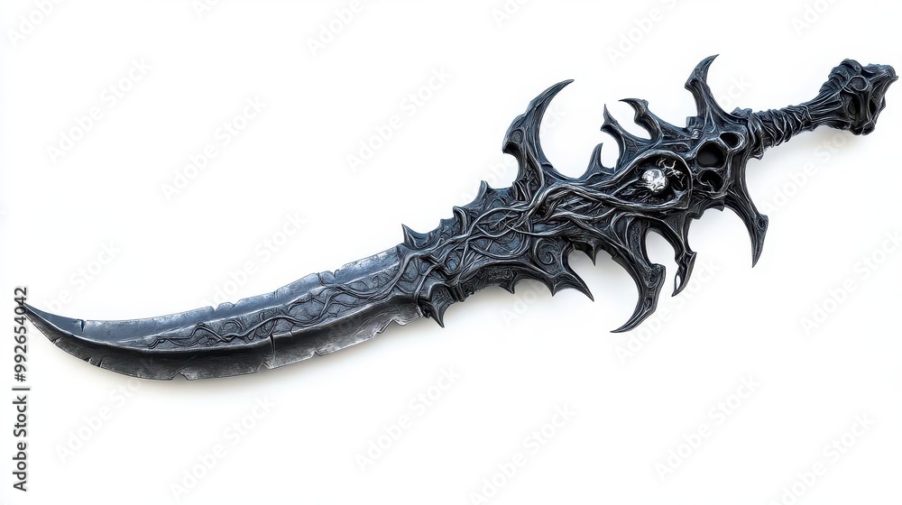 Fototapeta premium A detailed black fantasy sword featuring intricate designs and a curved blade, perfect for artistic and thematic representations.
