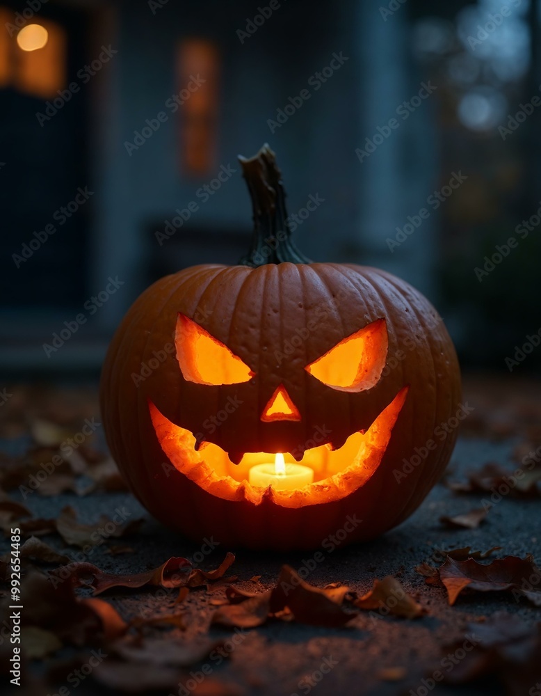 Halloween Jack-o'-Lantern: Glowing Pumpkin on Porch Halloween Jack-o'-Lantern: Glowing Pumpkin on Porch