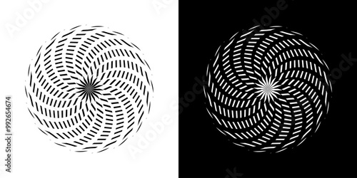 Abstract background with abstract line pattern in circles. Spiral art design as a logo or icon. A black figure on a white background and the same white figure on a black side. Mandala design with line