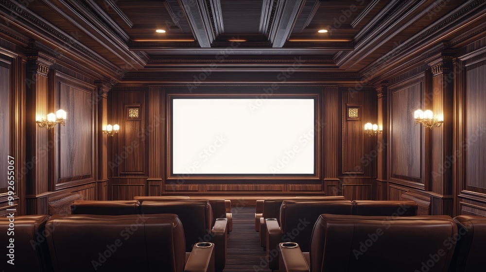 Cozy cinema hall with wooden panels, brown recliners, and a blank white screen. AI-generated, no people, no logos. Cozy cinema hall with wooden panels, brown recliners, and a blank white screen. AI-generated, no people, no logos.