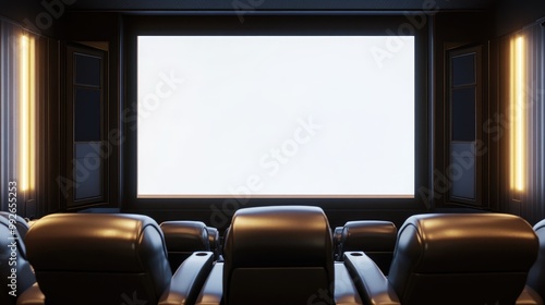 Elegant movie theater with leather recliner seats and a blank white screen. AI-generated, no people, no logos.