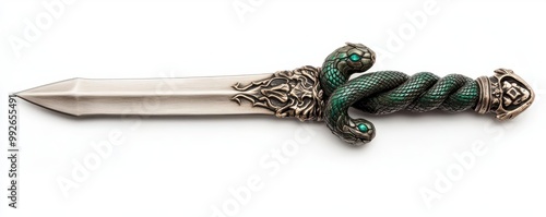An ornate dagger with a snake-shaped handle, featuring intricate silver and green details, perfect for fantasy themes.