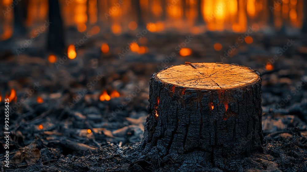 burnt tree stump stands solemnly in a charred forest, symbolizing resilience and the cycle of life. Nature's destruction gives way to renewal, highlighting hope amidst devastation burnt tree stump stands solemnly in a charred forest, symbolizing resilience and the cycle of life. Nature's destruction gives way to renewal, highlighting hope amidst devastation