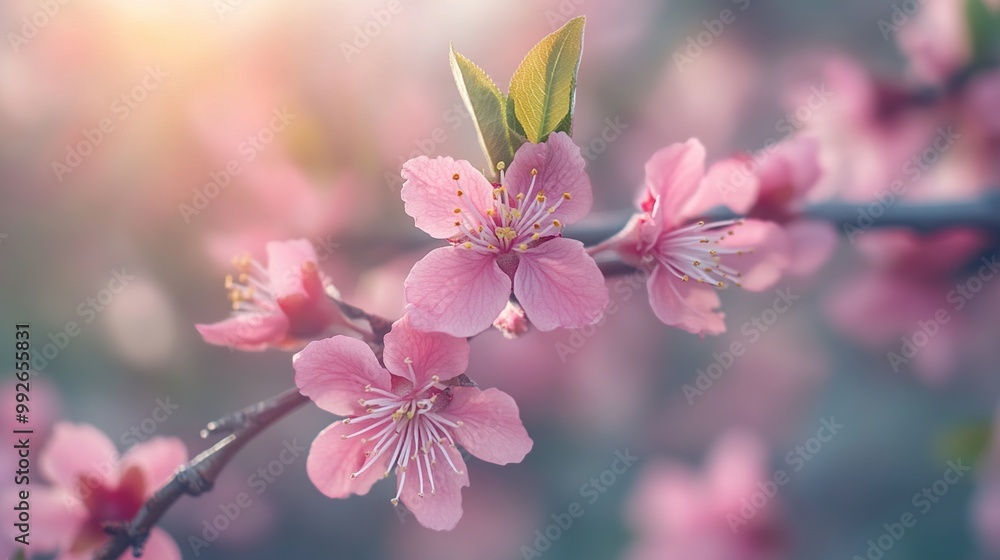 Obraz premium Pink Blossoms Branch in Spring Sun