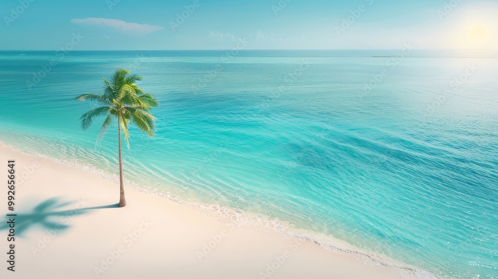 Obraz premium Quiet beach with a lone palm tree, turquoise water, sunny day