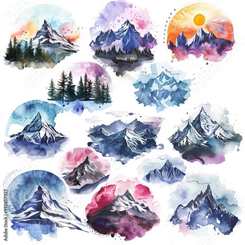 A collection of cute watercolor mountains each with a biblical beatitude photo