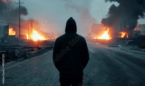 Man in Hooded Sweatshirt on Desolate Road Amidst Flames