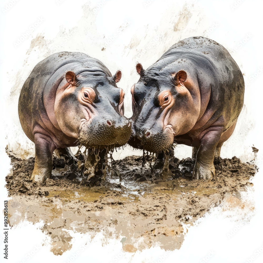 Two hippos in muddy water, white isolate background Two hippos in muddy water, white isolate background