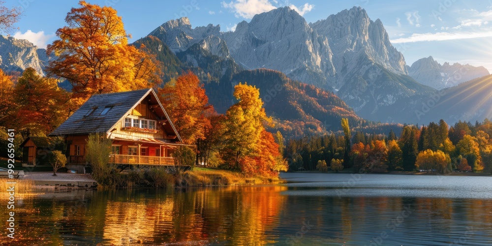 Fototapeta premium A picturesque wooden house by a serene lake, surrounded by golden autumn trees with a majestic mountain range in the background, bathed in warm sunlight.