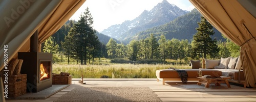 Serene glamping scene showcasing a cozy interior with mountain views, perfect for nature lovers seeking relaxation. photo