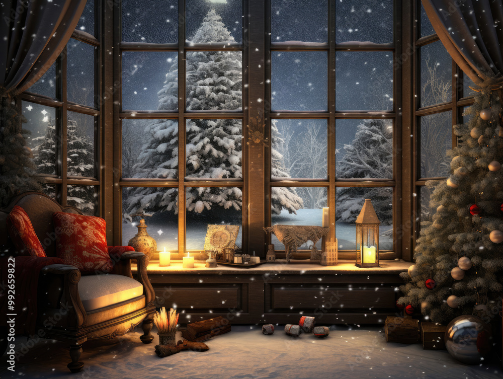 Obraz premium Cozy Winter Scene with Christmas Tree and Snowy Landscape