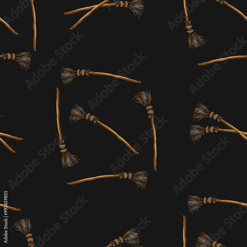 Witch's brooms eamless pattern. Halloween hand drawn watercolor brooms illustration isolated on white background. photo