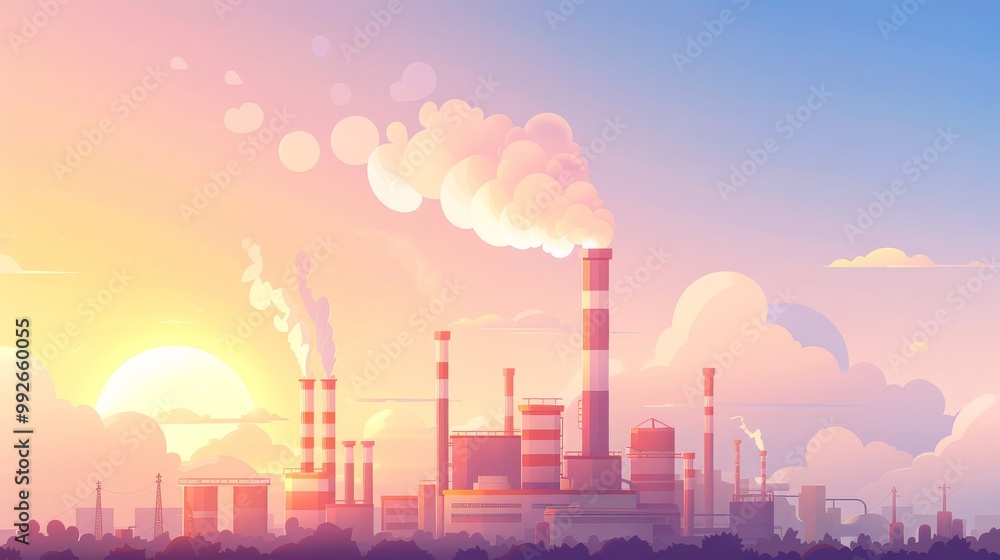 Oil refinery with smokestacks, heavy machinery, industrial landscape Oil refinery with smokestacks, heavy machinery, industrial landscape