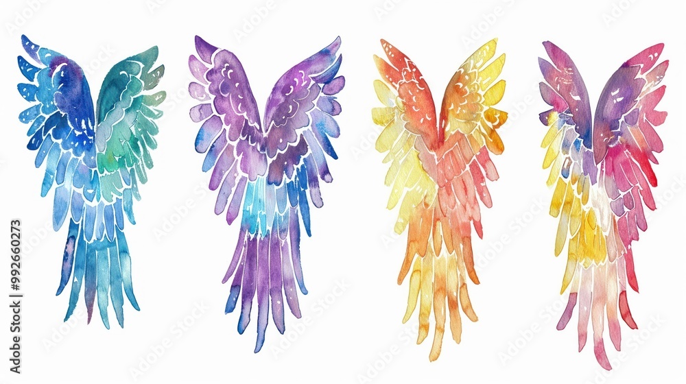 Watercolor clipart of angel wings each pair uniquely patterned and colored Watercolor clipart of angel wings each pair uniquely patterned and colored
