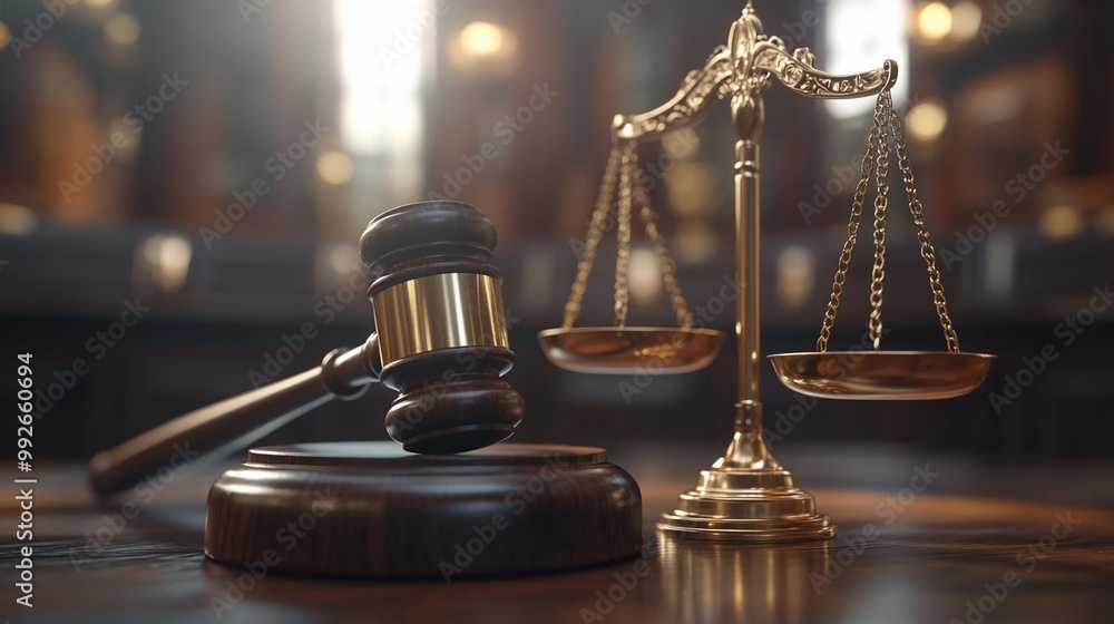 A wooden gavel and scales of justice rest on a courtroom table. A wooden gavel and scales of justice rest on a courtroom table.