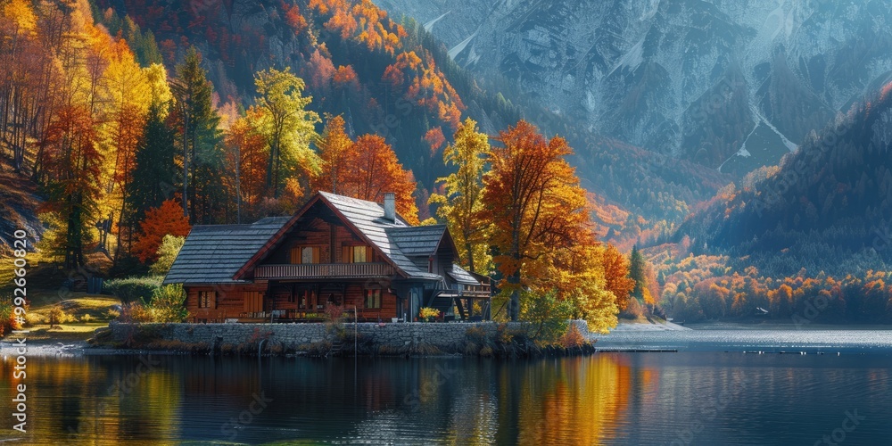 A rustic wooden home near a shimmering lake, set against a backdrop of vibrant fall foliage and towering mountains, all illuminated by the autumn sun. A rustic wooden home near a shimmering lake, set against a backdrop of vibrant fall foliage and towering mountains, all illuminated by the autumn sun.