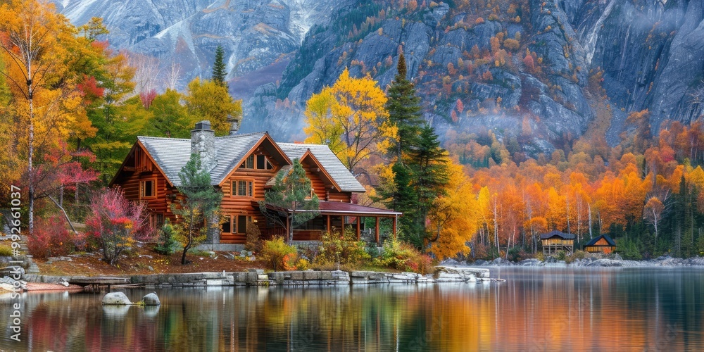 Fototapeta premium A rustic wooden home near a shimmering lake, set against a backdrop of vibrant fall foliage and towering mountains, all illuminated by the autumn sun.