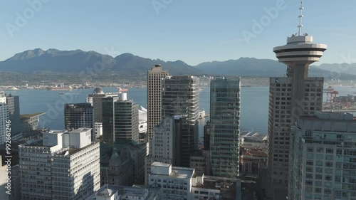 Drone aerial shot of downtown Vancouver skyline and burrard inlet