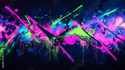 Blacklight graffiti wall, glowing fluorescent colors