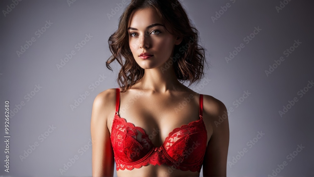 Woman red lace bra high waisted briefs confident smirk low angle shot powerful and alluring Woman red lace bra high waisted briefs confident smirk low angle shot powerful and alluring