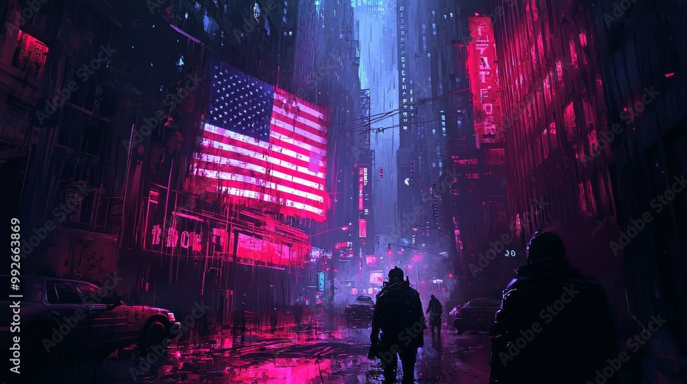Dark and moody cityscape with an American flag draped over a crumbling building, flickering neon lights reflecting off wet streets Dark and moody cityscape with an American flag draped over a crumbling building, flickering neon lights reflecting off wet streets