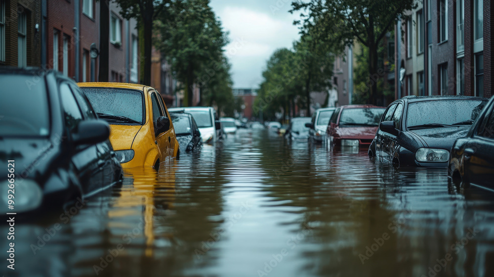 Flooded street with submerged vehicles reflecting in water, creating somber atmosphere. scene captures impact of heavy rain on urban life Flooded street with submerged vehicles reflecting in water, creating somber atmosphere. scene captures impact of heavy rain on urban life