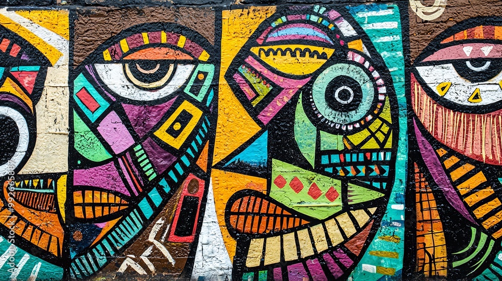 Obraz premium Graffiti wall inspired by African art, featuring bold geometric patterns