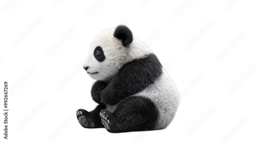 A highly detailed and ultra-sharp 3D model of a baby panda, placed on the left side, isolated on a white background A highly detailed and ultra-sharp 3D model of a baby panda, placed on the left side, isolated on a white background