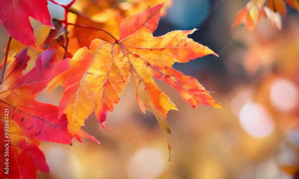 Maple large orange autumn leaves in the rays of light on the tree Maple large orange autumn leaves in the rays of light on the tree