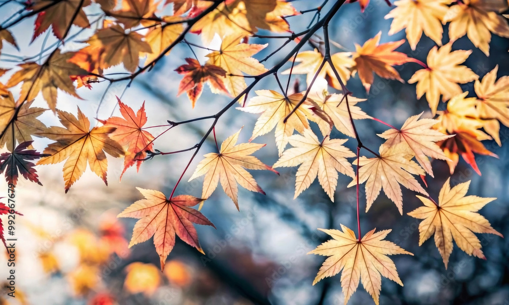 Yellow maple leaves on branches against the blue sky Yellow maple leaves on branches against the blue sky