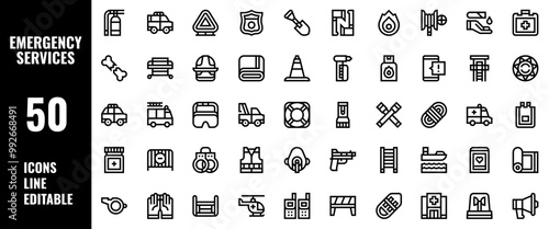 50 Emergency Services Icons Set Pack Line Editable Vector Illustration