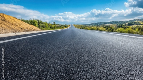 A stunning view of an empty road stretching into the horizon under a blue sky, surrounded by lush greenery.