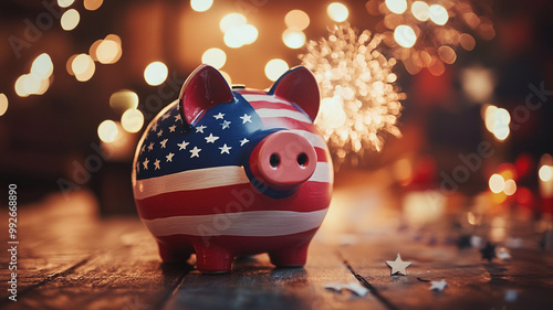 A patriotic piggy bank with festive decorations celebrating Independence Day photo