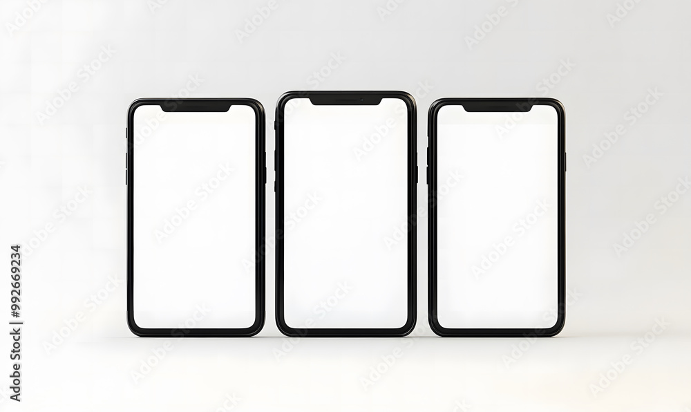 Three Blank Smartphone Screens in a Row – Mobile Technology and Display Concept design, Mockup Three Blank Smartphone Screens in a Row – Mobile Technology and Display Concept design, Mockup