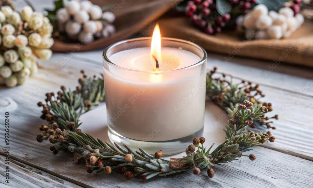 A white candle burning in a glass candlestick on a light table A white candle burning in a glass candlestick on a light table