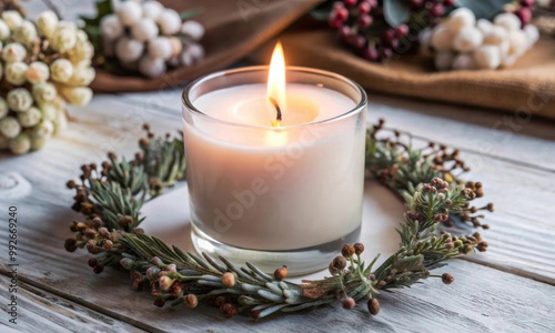 A white candle burning in a glass candlestick on a light table