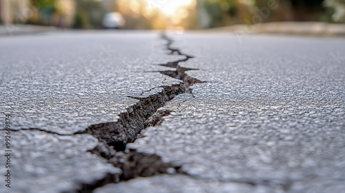 cracked city street stretches into the distance, symbolizing resilience amidst urban decay. The road reflects the challenges of city life and the potential for renewal and growth