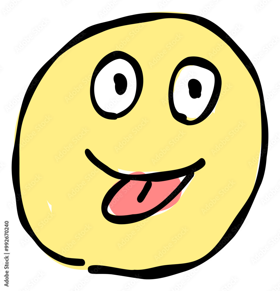 Fototapeta premium A hand-drawn teasing face emoji with tongue out. Features a simple and cute yellow-based design. Stylish and versatile for various scenes.