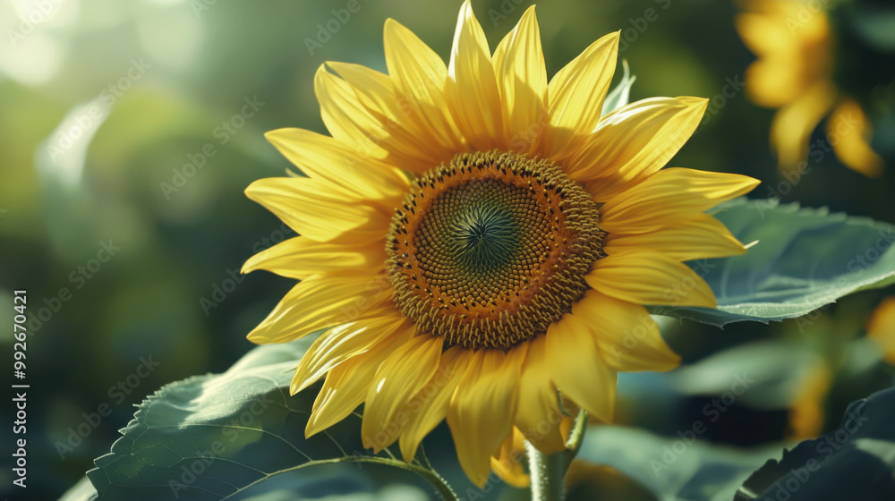 Naklejka premium Close-up of a single sunflower with intricate details and a backdrop of soft green leaves