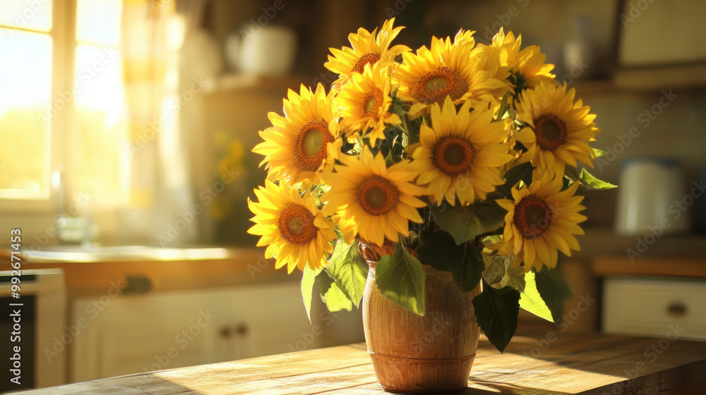 Sunflower bouquet in a rustic vase with a backdrop of a cozy, sunlit kitchen