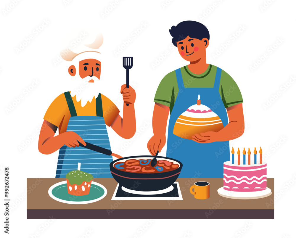 Two Men Cooking and Celebrating Two Men Cooking and Celebrating